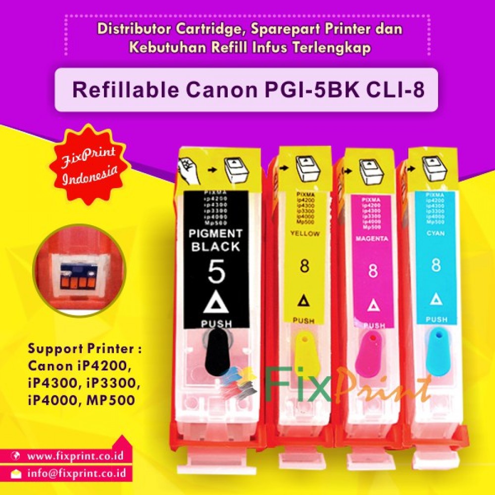 Cartridge Refillable Can PGI-5 CLI-8, Refillable iX4000 iX5000 iP3300 iP3500 iP4200 iP4300 iP4500 iP5200 iP5200R iP5300 MP500 MP510 MP520 MP530 MP600 MP600R MP610 MP800 MP800R MP810 MP830 MP970 MX700 MX850